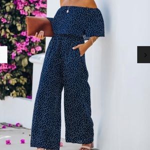 Polka dot wide pant pocketed jumpsuit